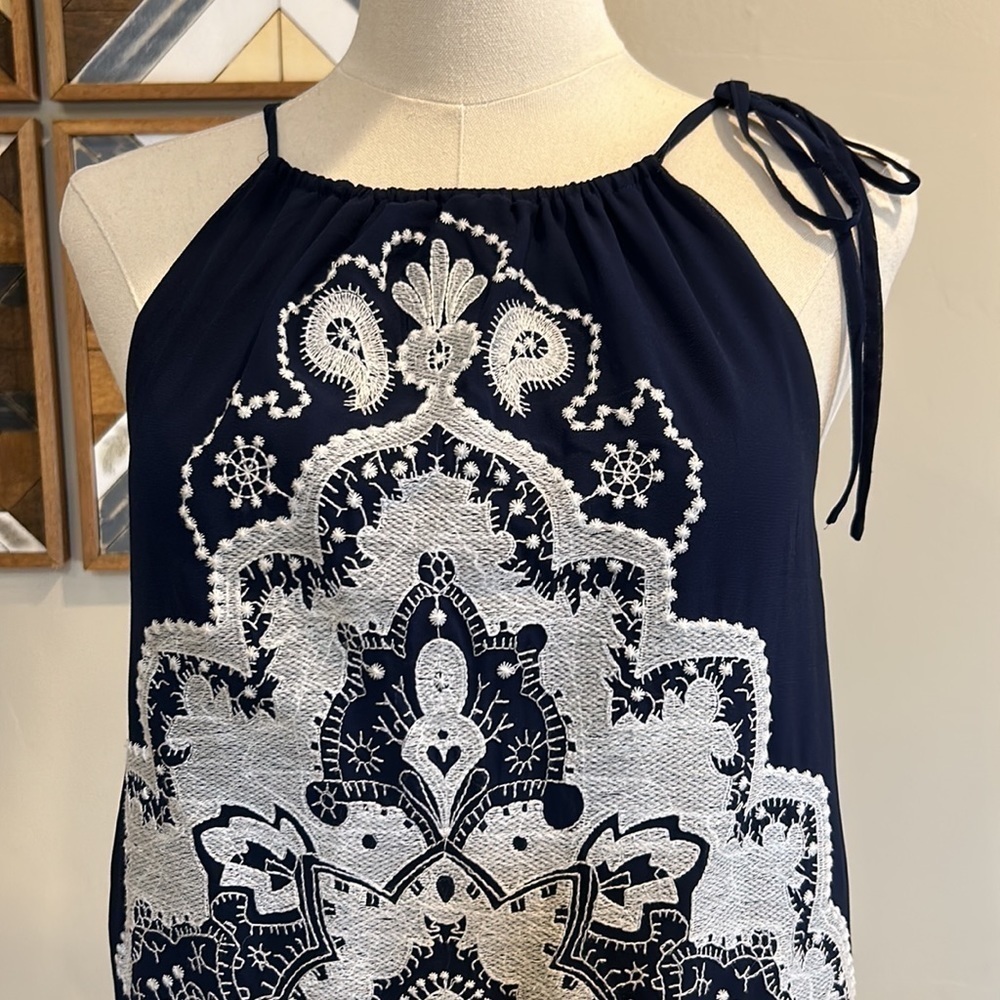 Aniina Anthropologie Navy Blue White Lace Halter Dress Small - Picture 2 of 6